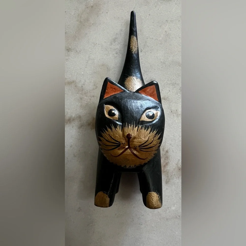 VTG Hand Carved Wooden Black Cat Figurine Folk Art Hand Painted Spotted Kitty